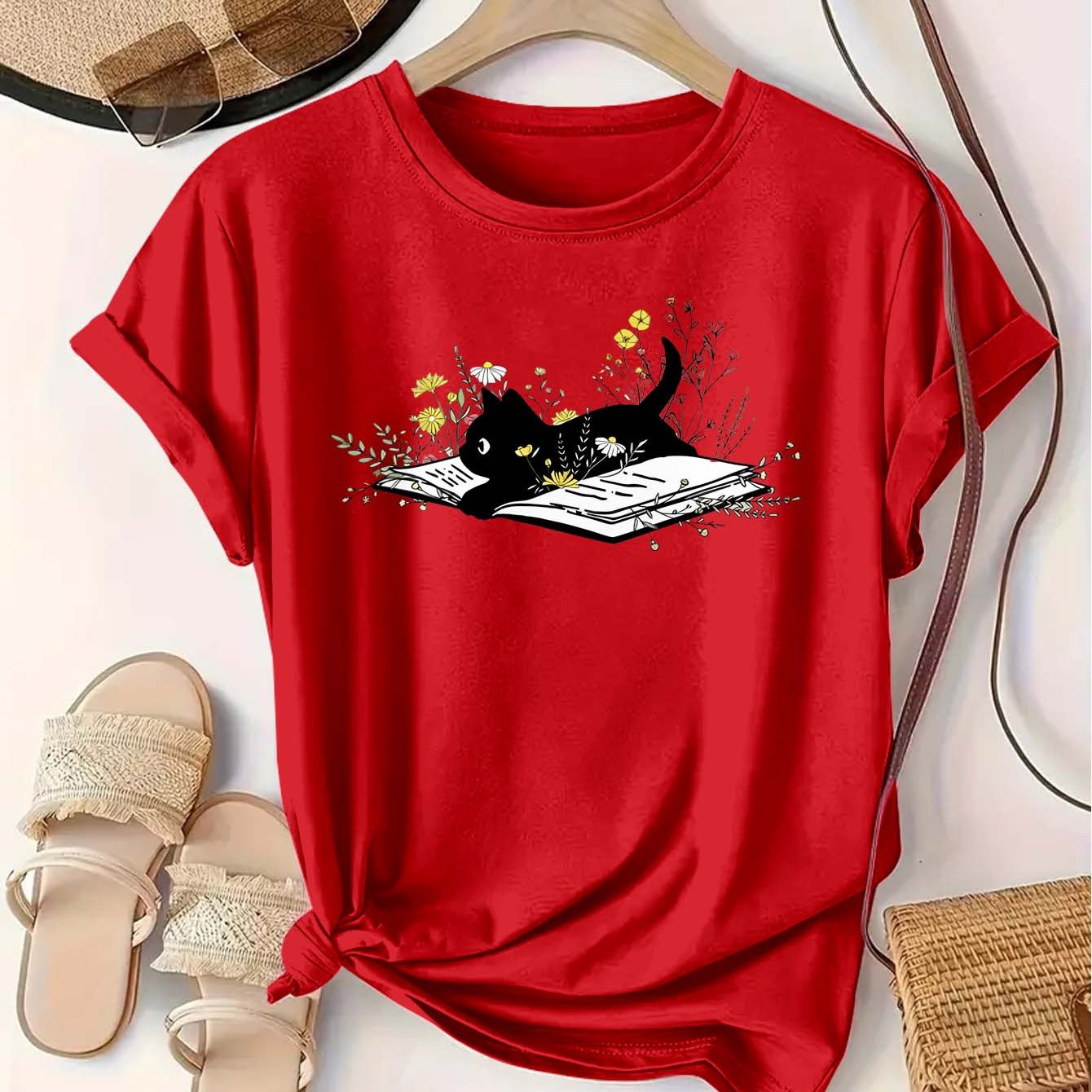 Women’s Cotton T-Shirt With Cat and Flower Print, Soft, Comfortable, Casual Top