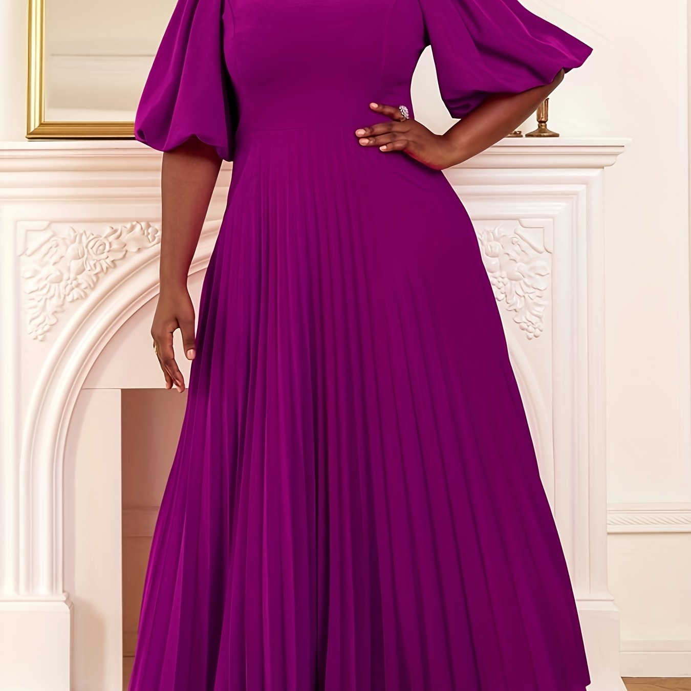 Women's Purple Party Dress with Lantern Sleeves and Pleated Hem