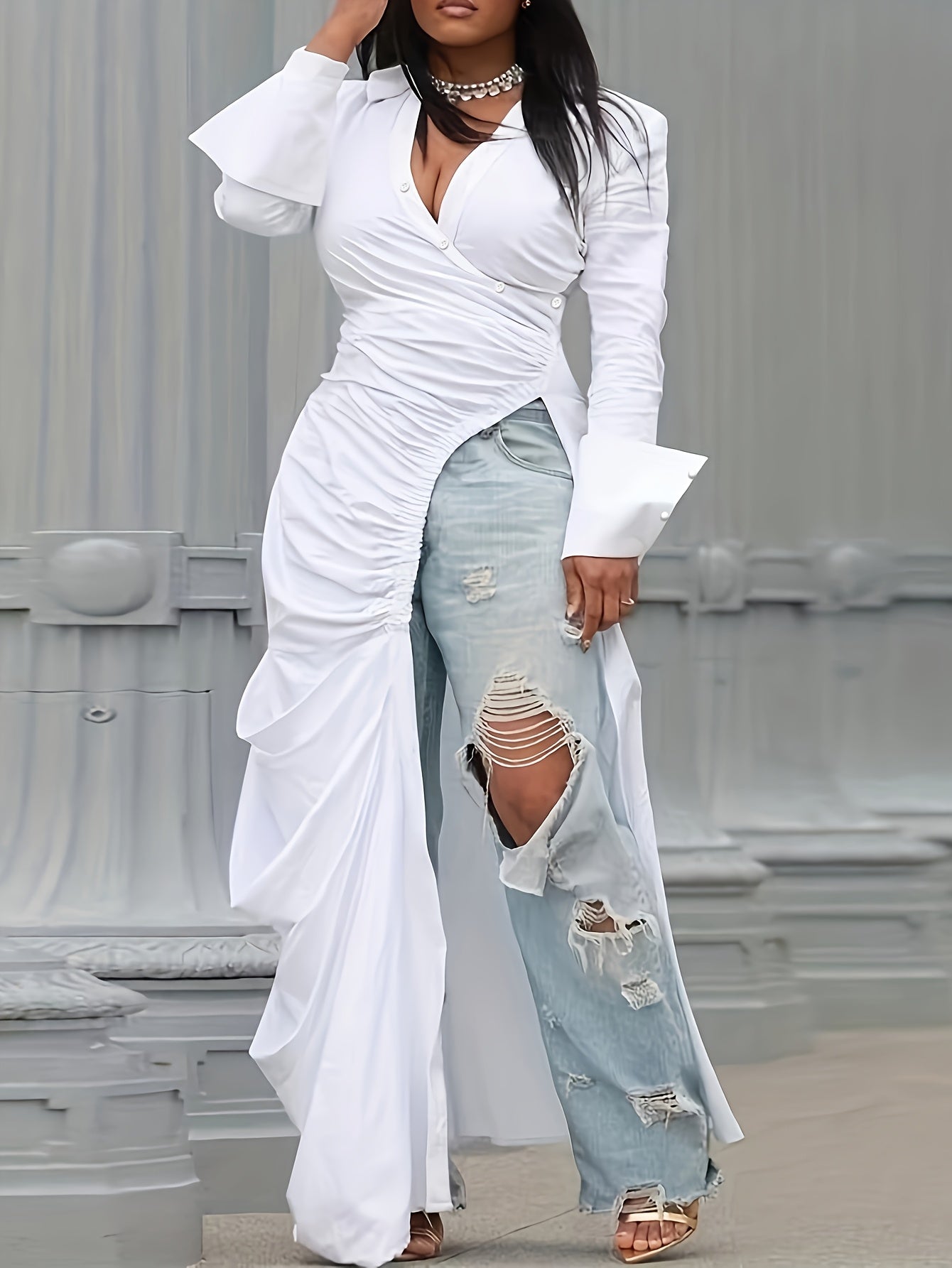 Платье-боди большого размера с V-образным вырезом, длинными рукавами, однотонное, для клубных вечеринок и повседневной носки