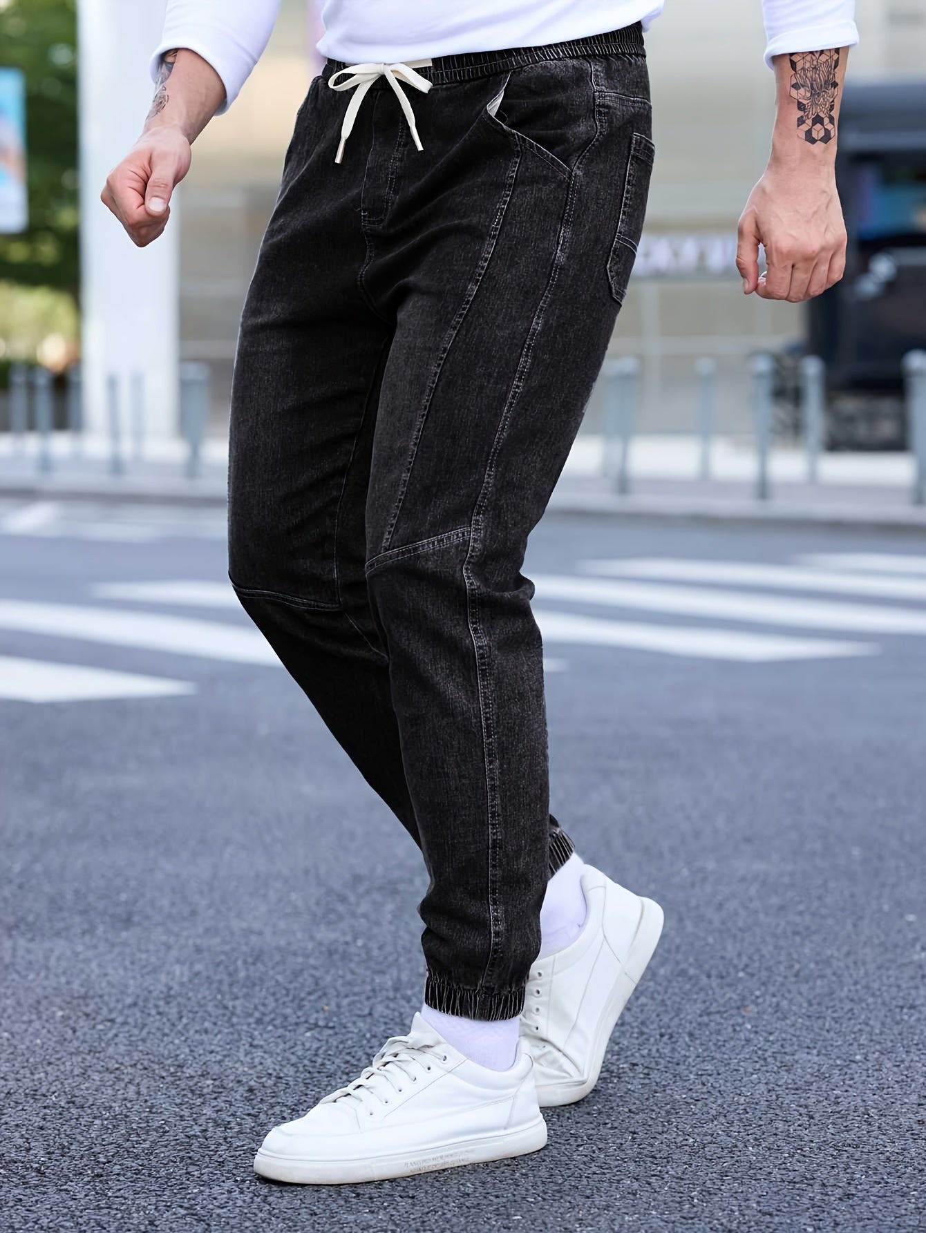 Men's Denim Cropped Pants with Pockets Drawstring Waist Fall Winter Casual