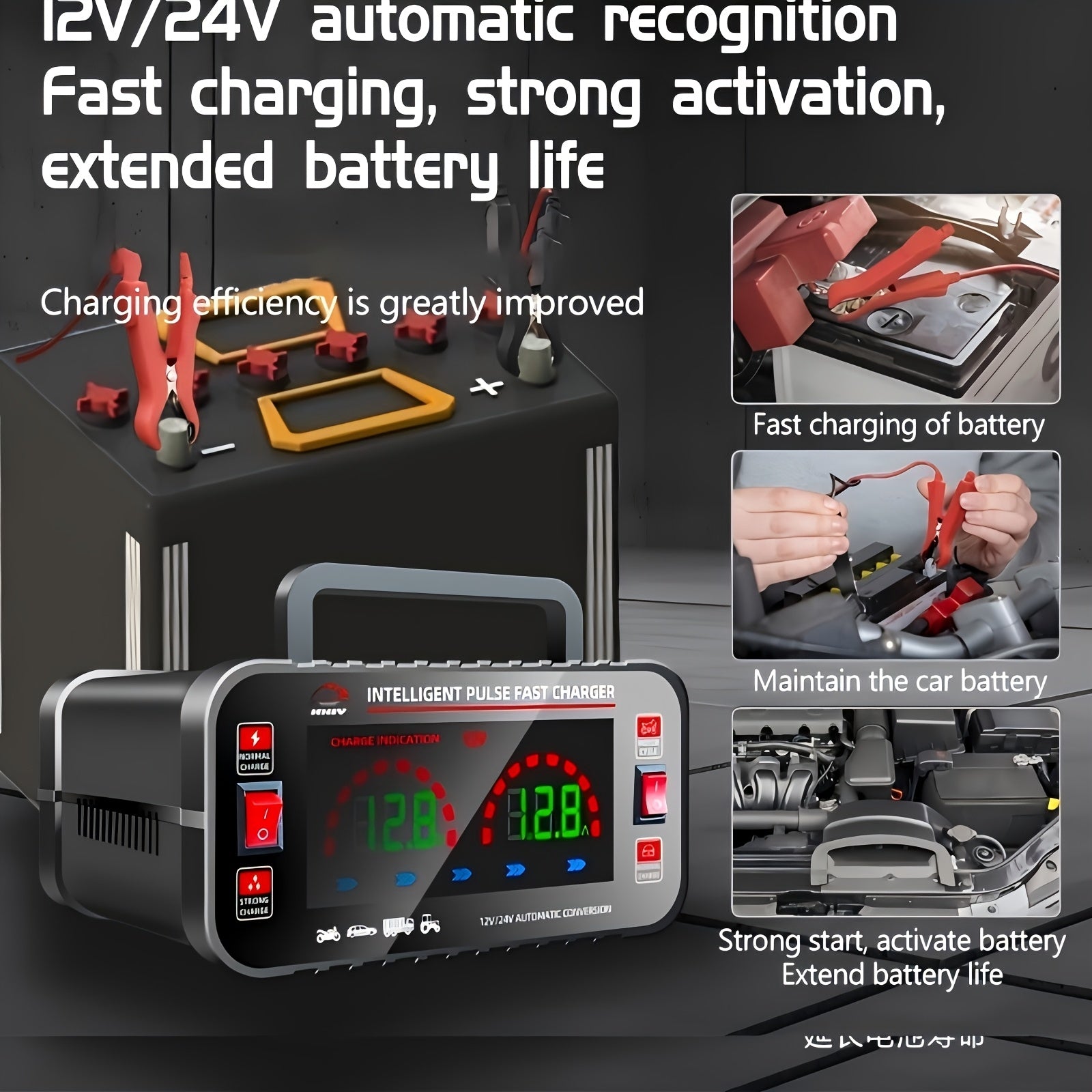 Smart Car Battery Charger with LCD Display 12V 24V Automatic Recognition Compatible with Cars Motorcycles Trucks