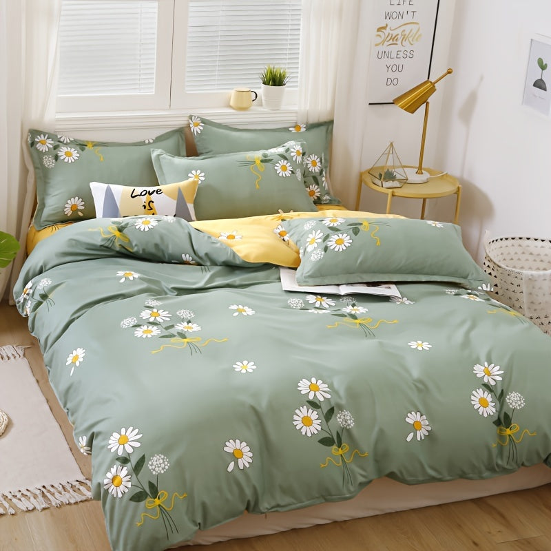 Daisy Print Duvet Cover Set with Pillowcases and Flat Sheet Polyester All-Season Bedroom Decor