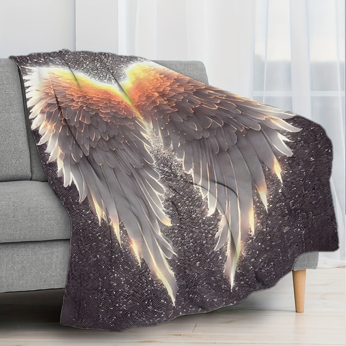 Glowing Wings Print Flannel Blanket Soft Cozy Polyester Throw for Sofa Bed Travel