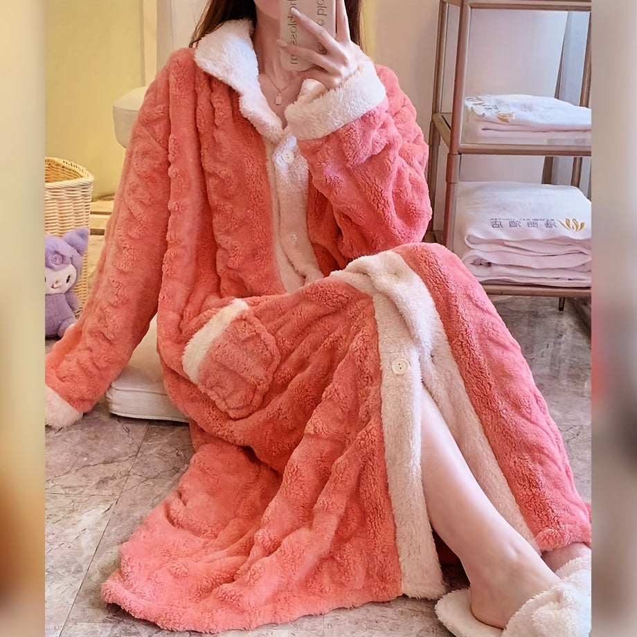 Pink Coral Velvet Women's Bathrobe with Contrast Trim Cozy Lounge Wear