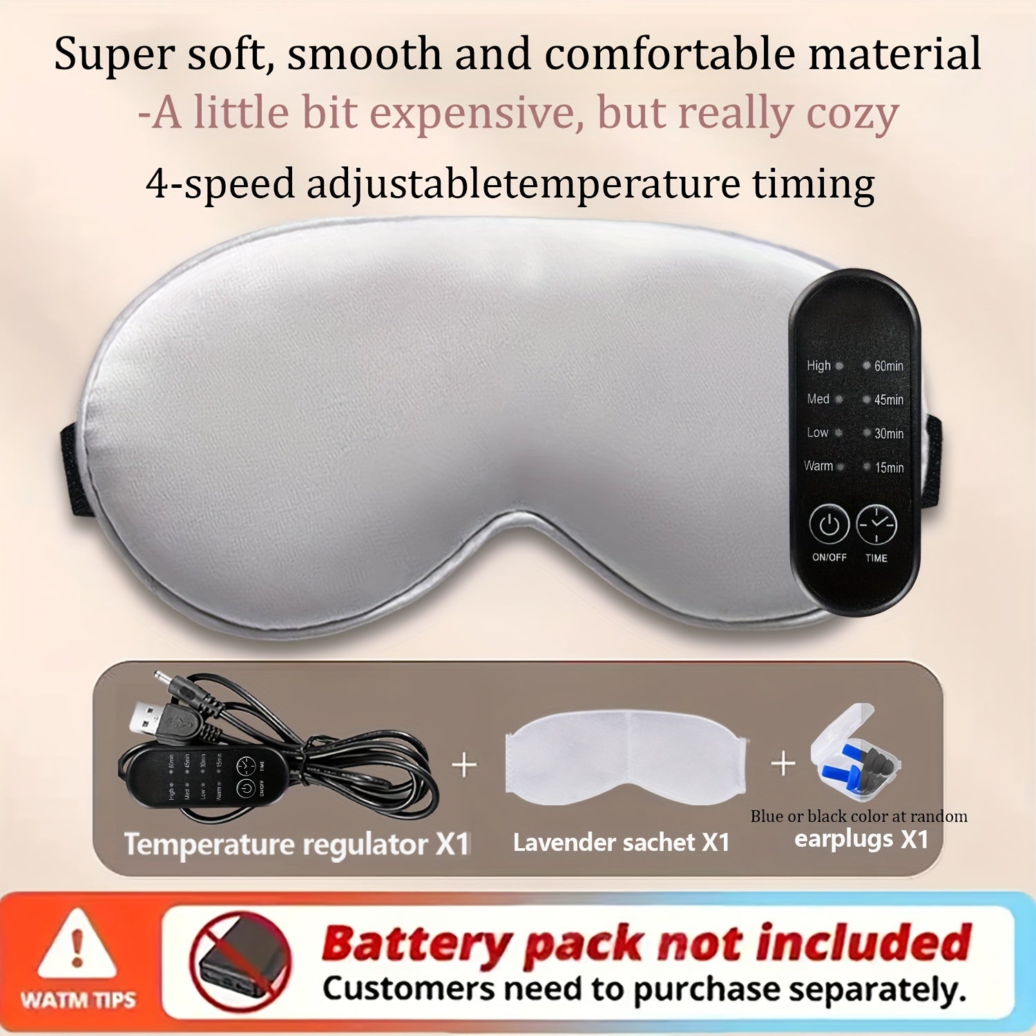 USB Heated Eye Mask with Adjustable Temperature, Includes Ear Plugs and Scented Bag
