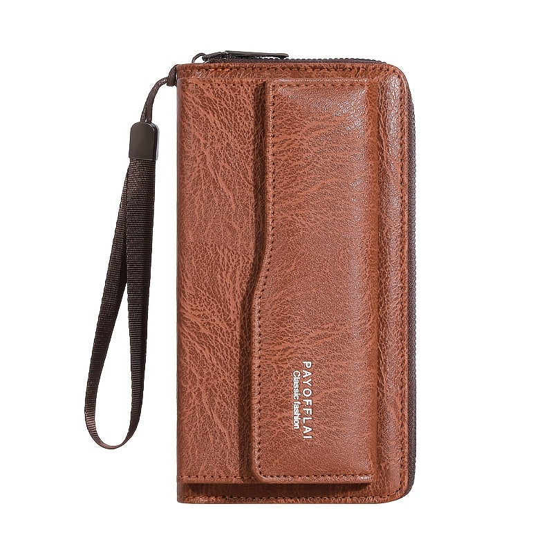 Men's Faux Leather Wallet with Wrist Strap and Zipper Multiple Card Slots Black