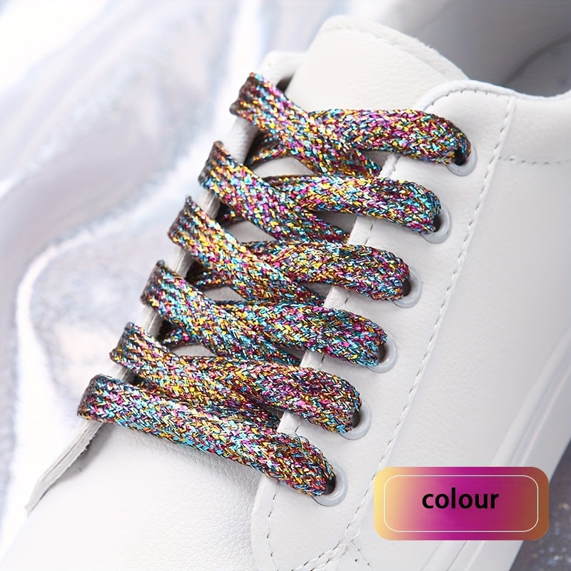 Women's White Canvas Sneakers with Colorful Sparkling Shoelaces