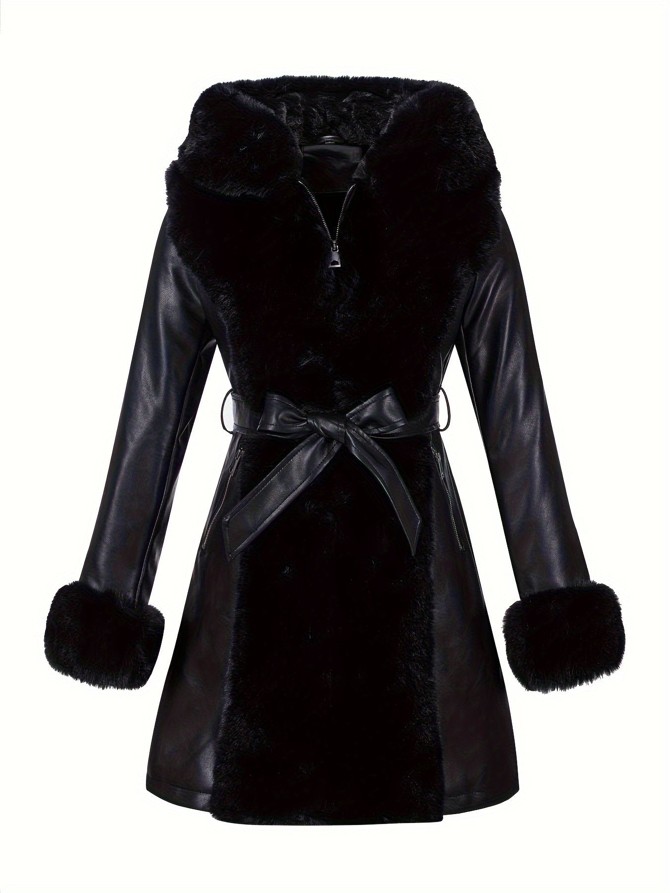 Women's Black Faux Fur Trim PU Leather Jacket with Hood Belt for Fall Winter