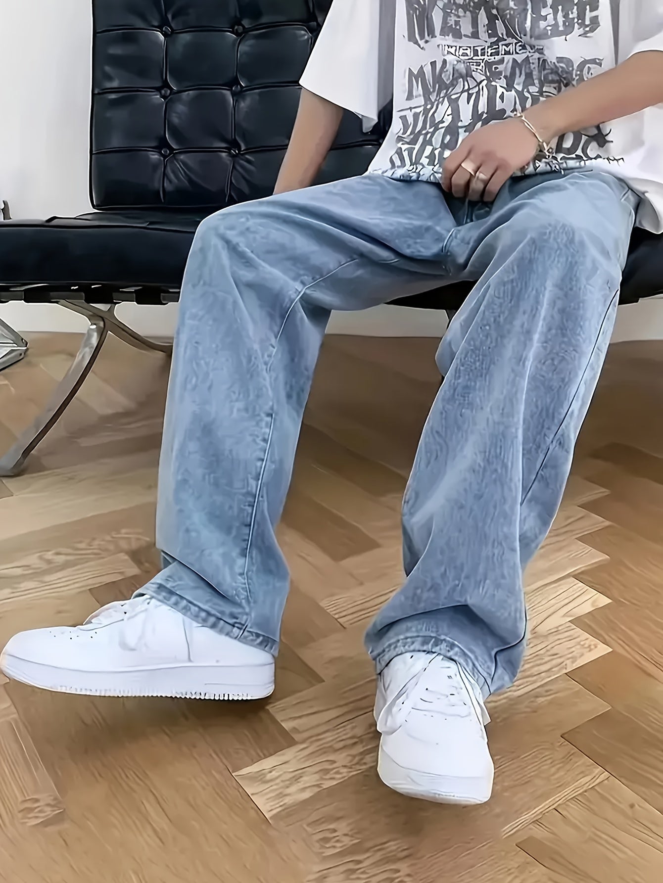 Мужские джинсы из плетеного денима свободного кроя с однотонной стиркой из хлопка и полиэстера, всесезонные