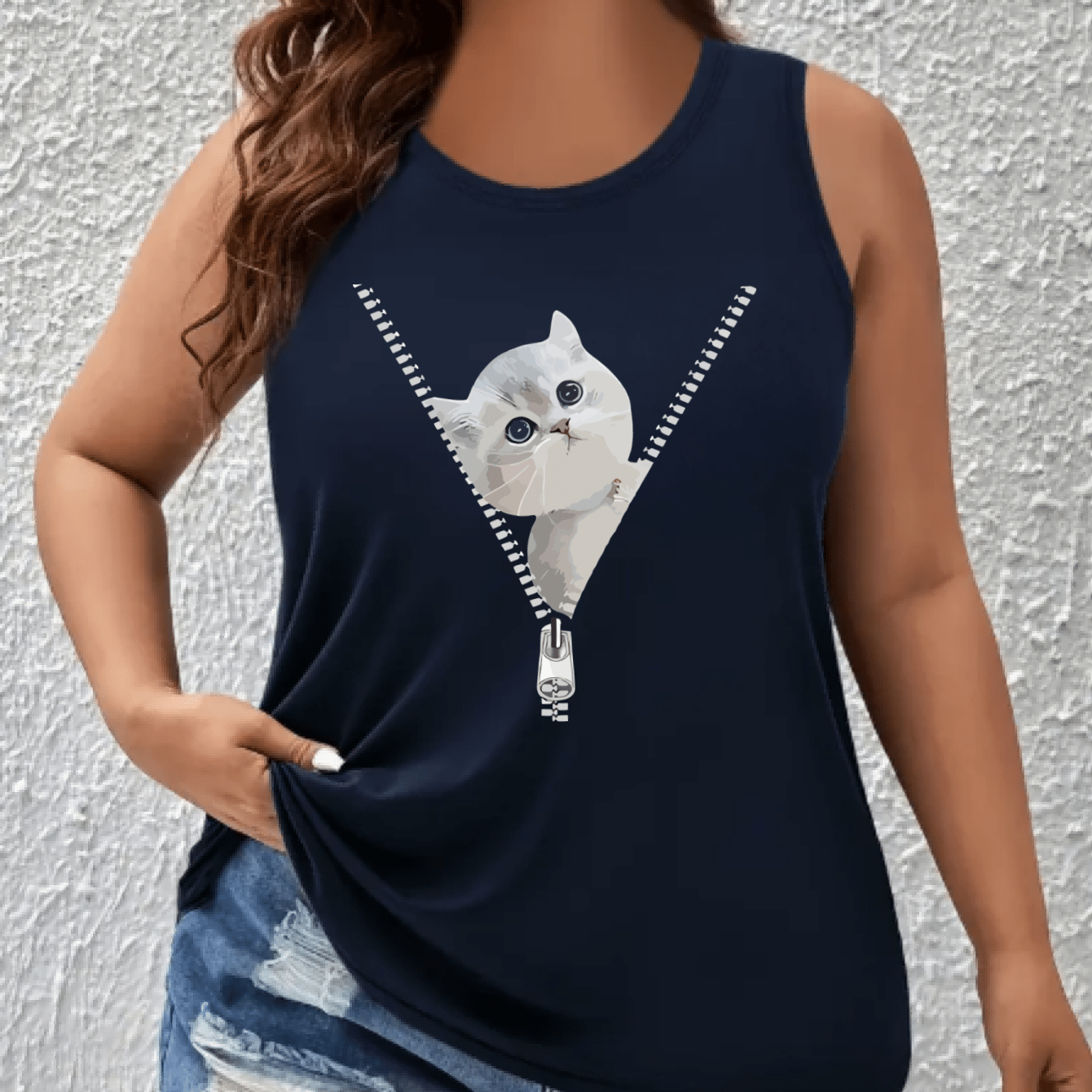 Women's Plus Size Off-The-Shoulder Sleeveless Top with Cat Print Breathable Fabric