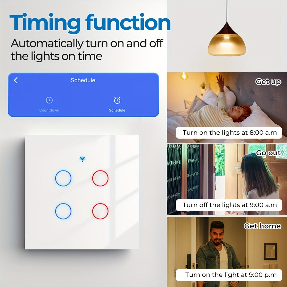 Smart Touch Wall Switch WiFi App Control Tempered Glass 86mm Single or Zero Wire Replacement in White or Golden
