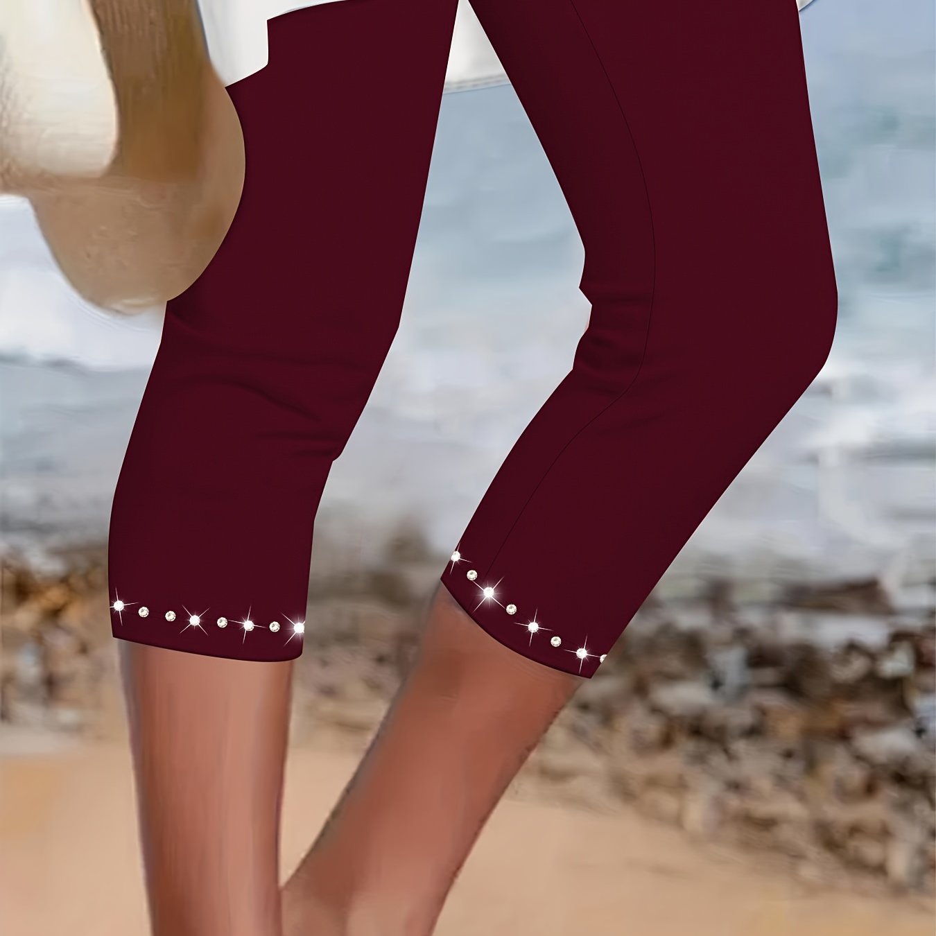 Plus Size Rhinestone Decor Capri Leggings High Waist Stretchy Spring Summer Women