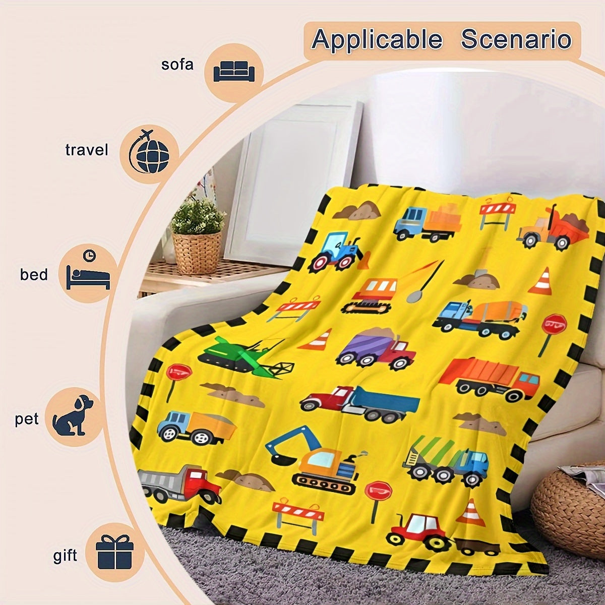 Пуховое фланелевое одеяло с изображением строительной техники - Уютный дизайн экскаватора и самосвала, универсальный азиатский стиль - Легкий вязаный чехол для всех сезонов, 100% полиэстер, дышащий и мягкий
