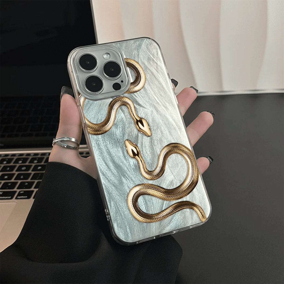 Golden Snake Feather TPU Phone Case for iPhone 11-16 Pro Max with Lens Protection