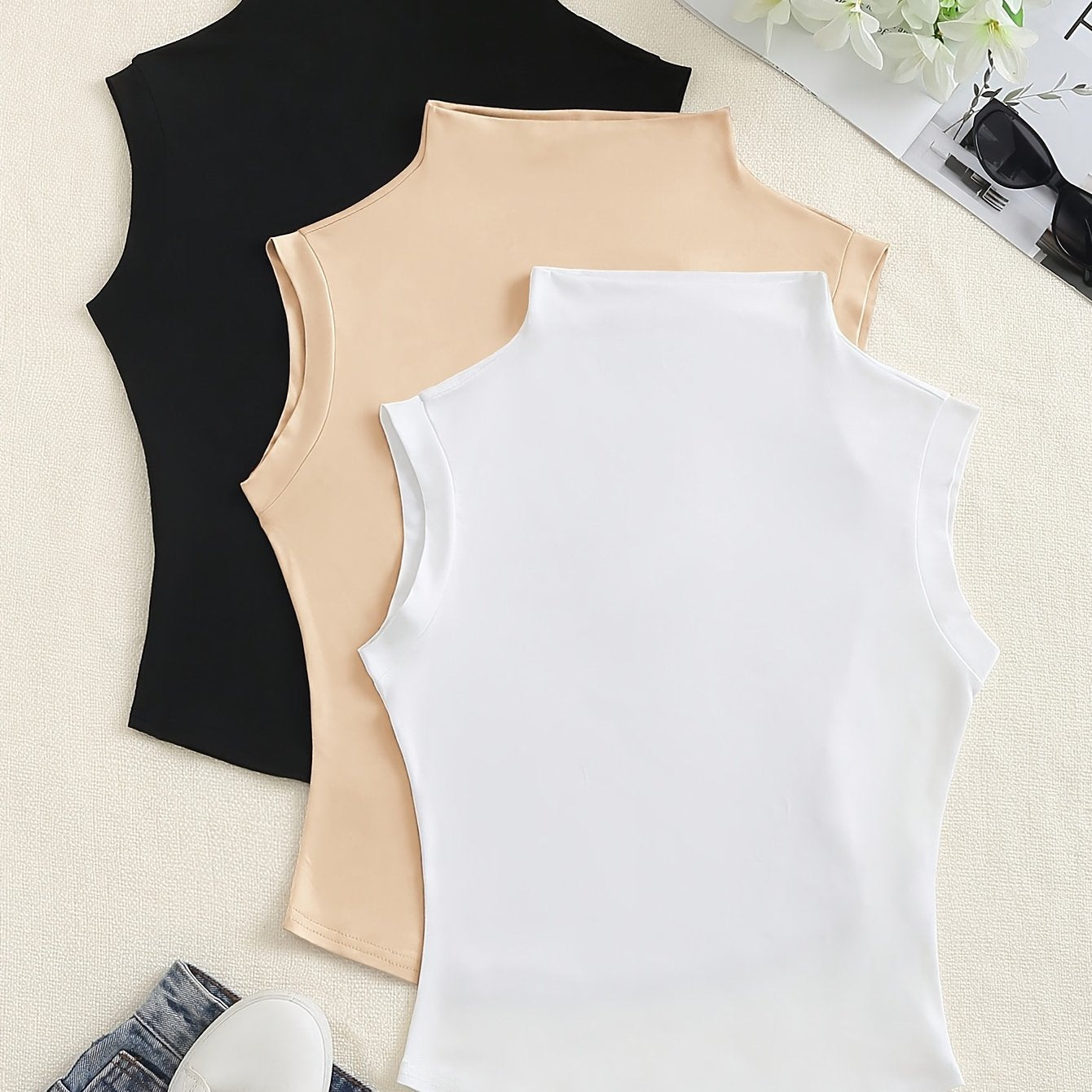 3-комплект стильных женских безрукавных нарядов с маленьким стоячим воротником