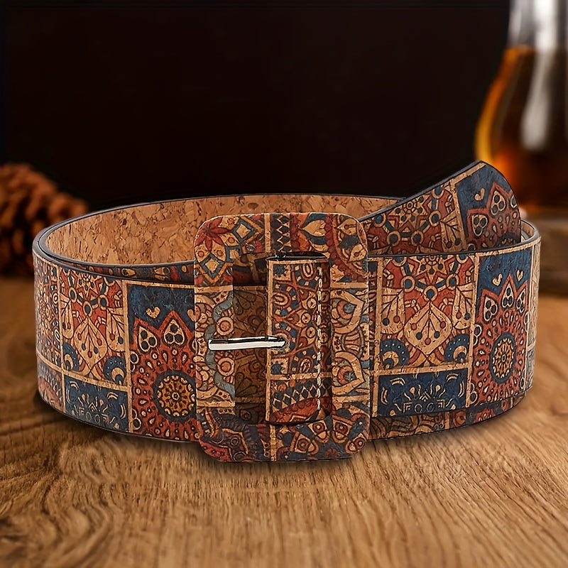 Women's Boho Vintage Flower-Printed PU Belt with Pin Buckle for Jeans