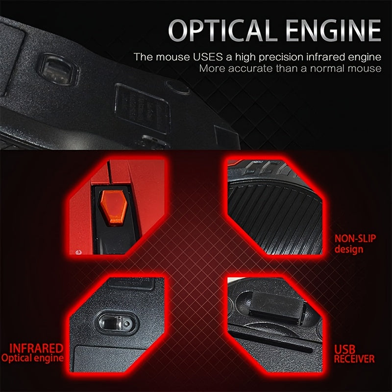 2.4G simsiz o'yin sichqonchasi ergonomik dizaynga ega, qulay ushlash, 10m masofa, sozlanadigan DPI, zamonaviy ko'rinish, stol va noutbukda foydalanish uchun mos, plastik materialdan tayyorlangan.