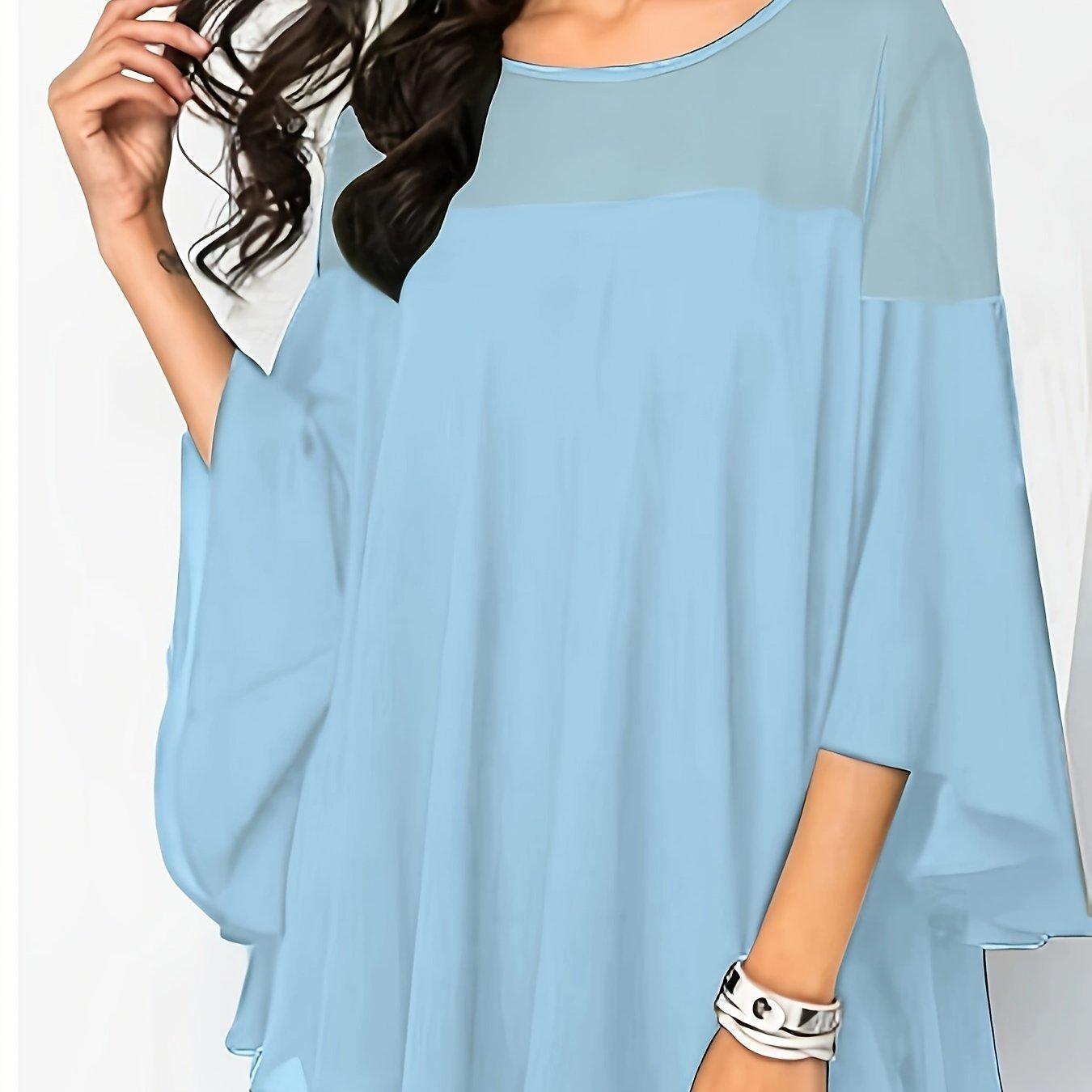 Plus Size Women's Green Blouse with Lace Detail, Half Sleeves, Crew Neck