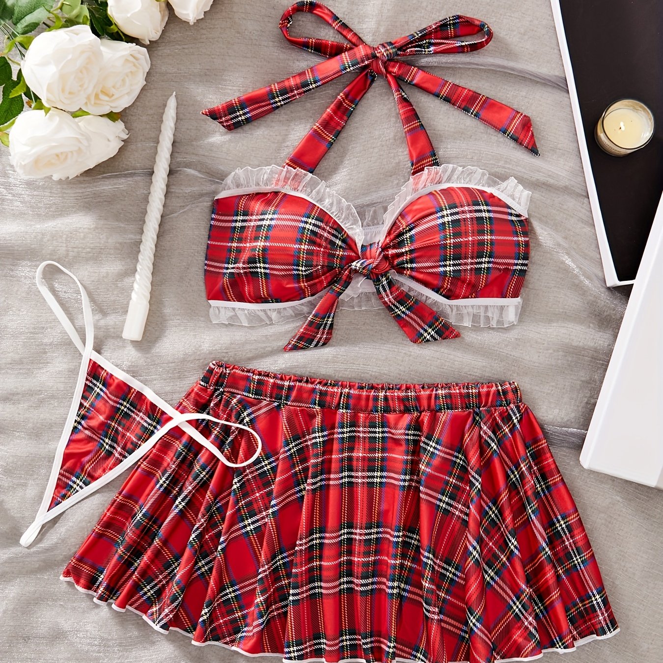 Women's Floral Plaid Halter Neck Lingerie Set with Tie Details