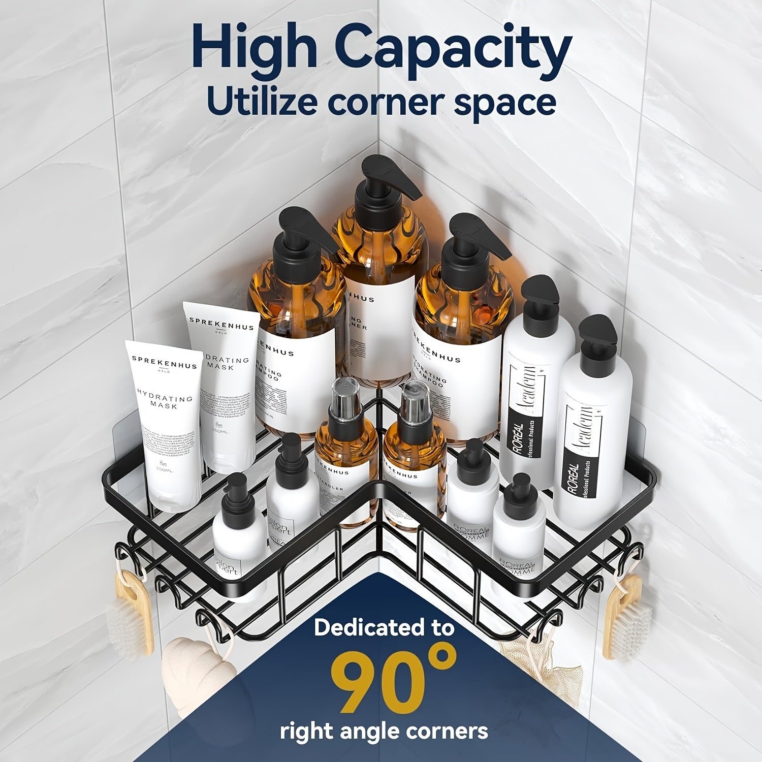 Corner Adhesive Shower Caddy with Soap Holder and Hooks Black Rustproof Stainless Steel Bathroom Organizer