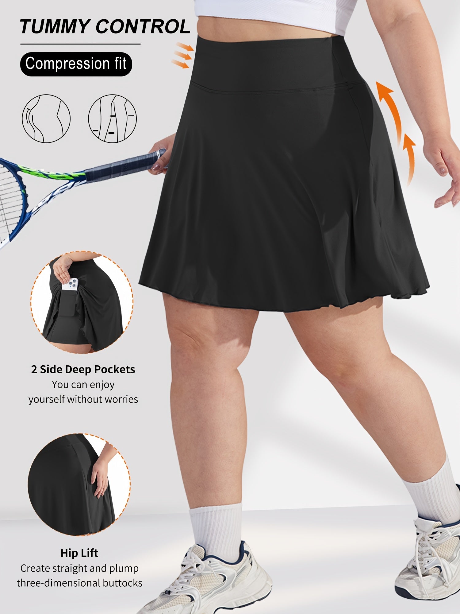 Plus Size Women's Tennis Skirt Pants with Side Pockets Set