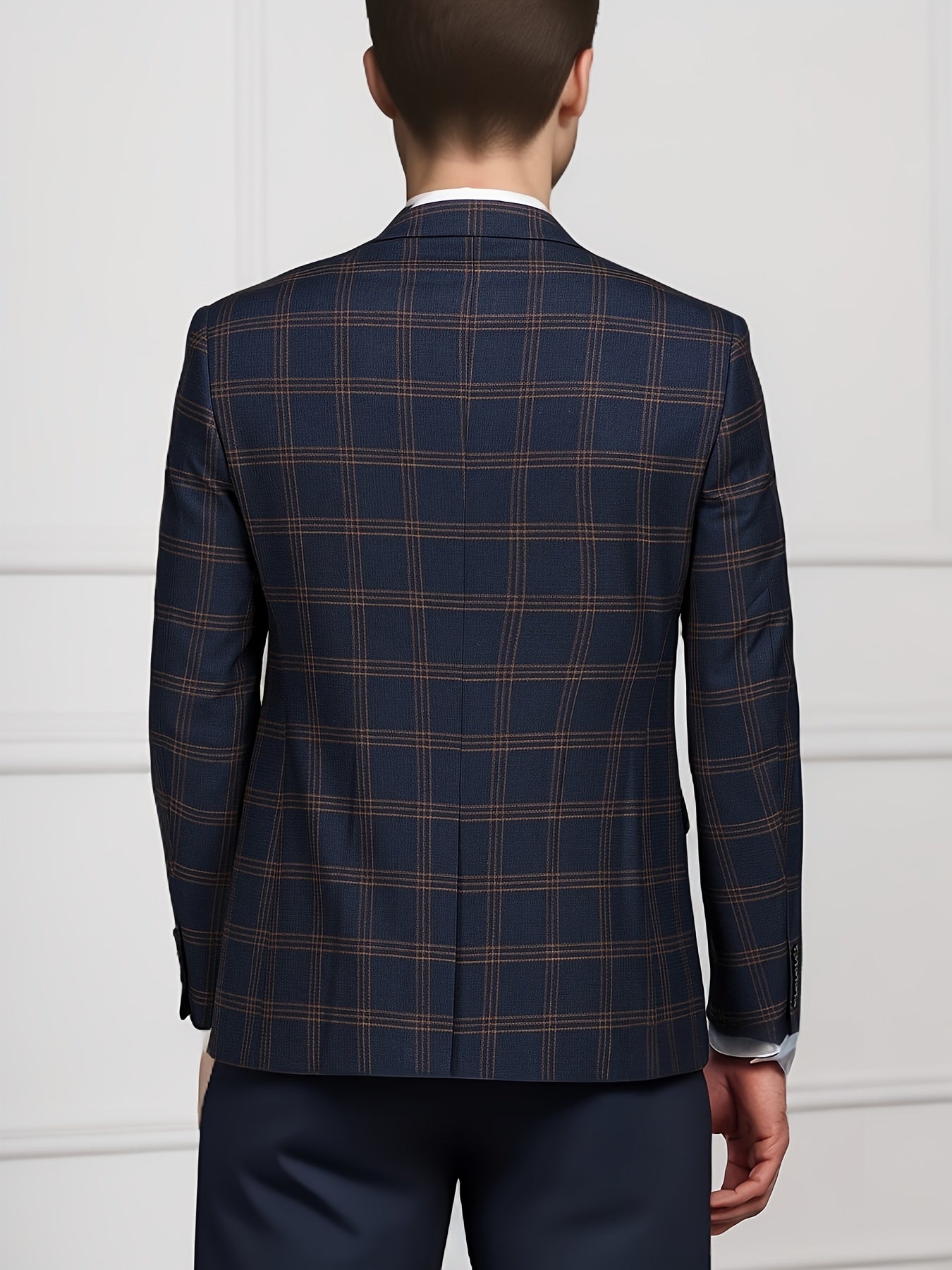 Мужская синяя клетчатая тканая полиэстеровая облегающая рубашка с карманами