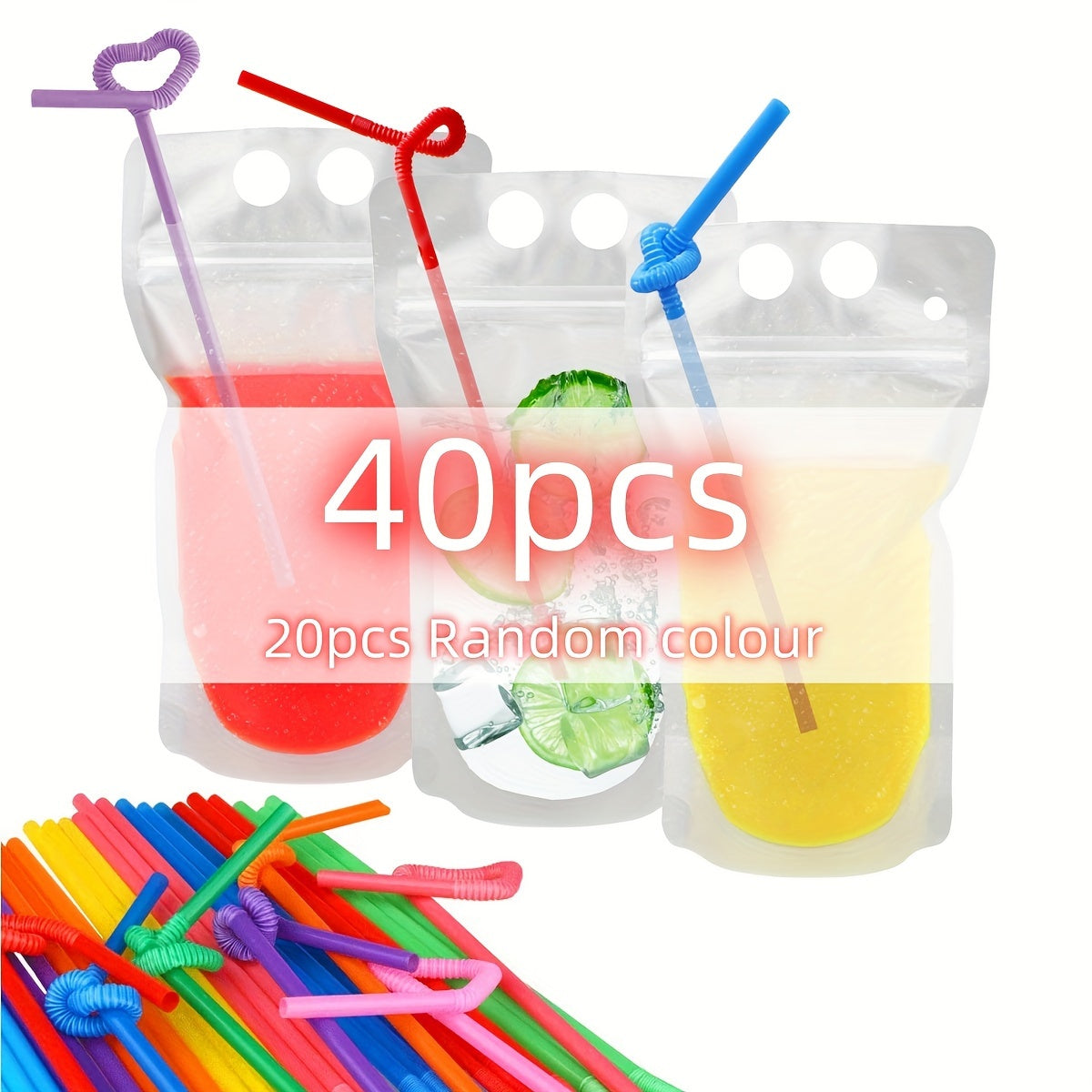 20 Pack Plastic Drink Pouches with Straw Holes Reclosable Portable Juice Bags