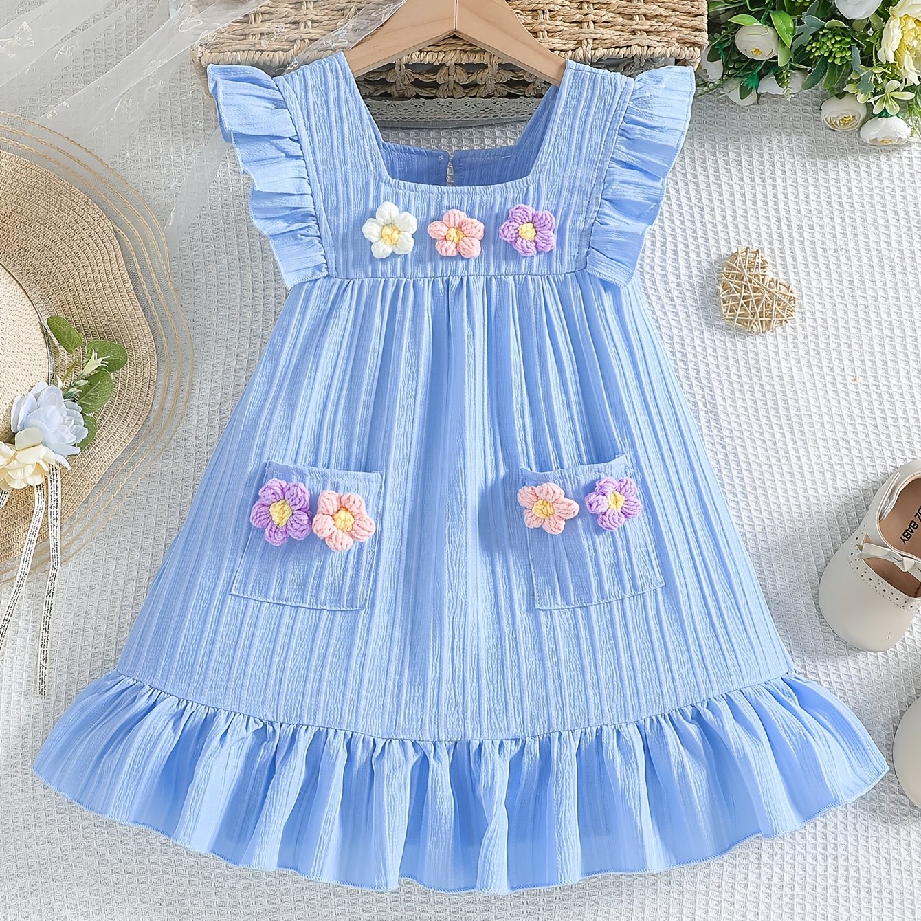 Girls' Light Blue Summer Dress with 3D Floral Embellishments Ruffle Sleeves Knee Length