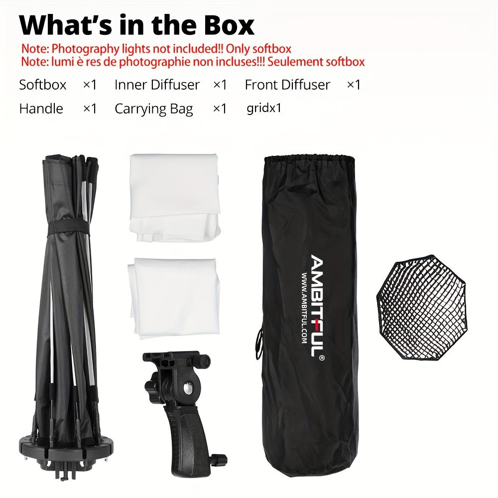AMBITFUL Tez chiqarish sakkizburchakli yumshoq qutisi, to'r, tutqich va kameraning flashi uchun kran montaji - Polyester tolali yoritish diffuzori, studiya fotosuratlari uchun Godox TT520II V860III bilan mos keladi.