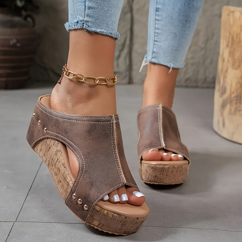 Women's Open Toe Wedge Sandals Brown Faux Cover Ankle Strap Summer Beach Shoes