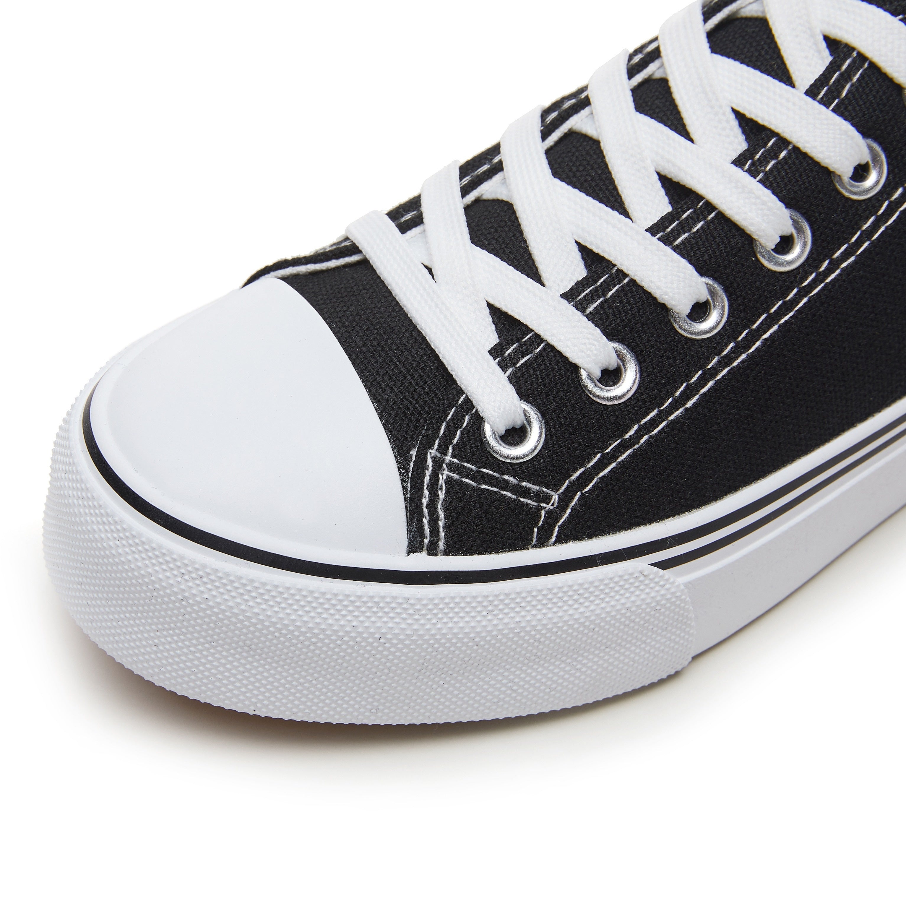 Women's Black and White Low Top Lace-Up Sneakers with Rubber Sole and Fabric Upper