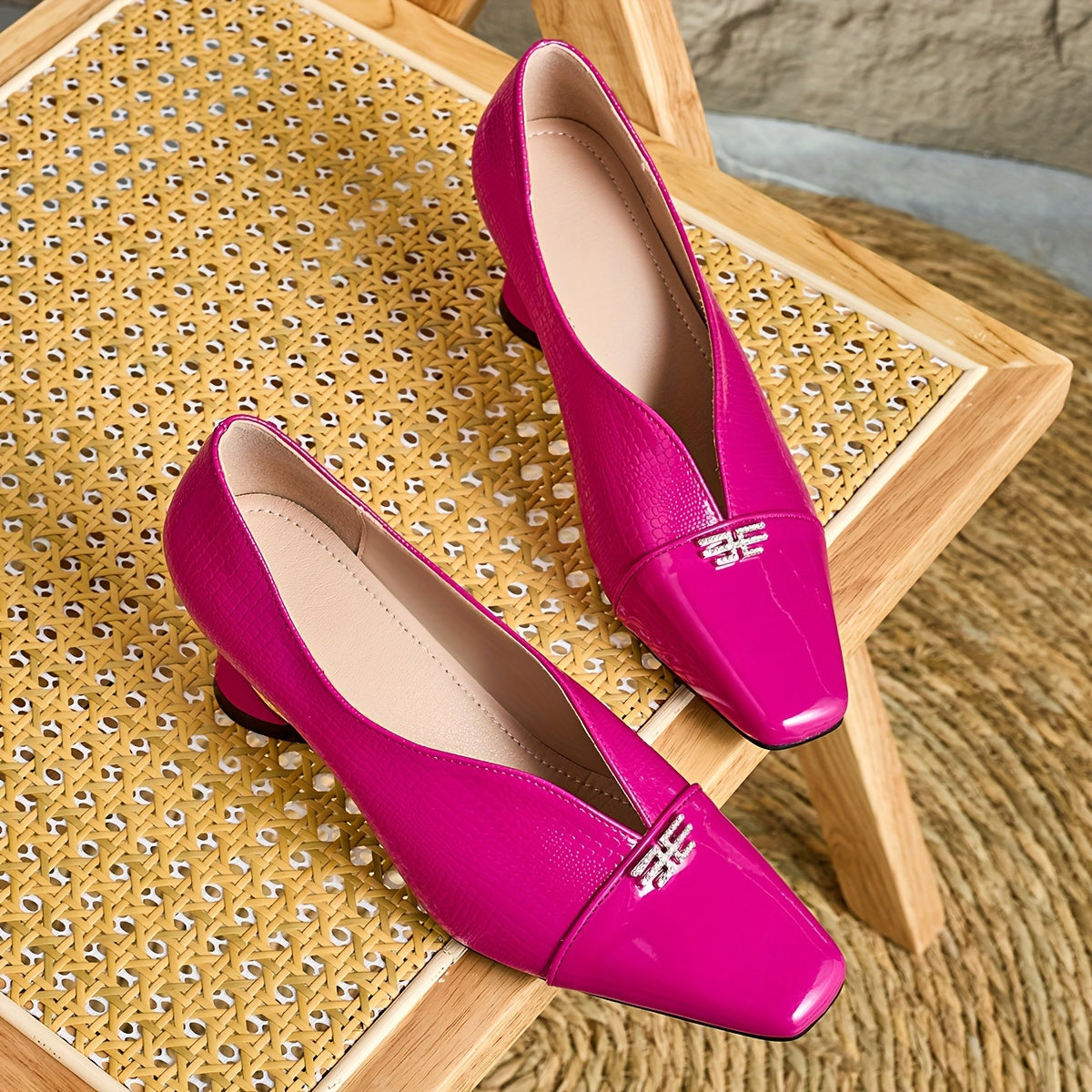 Women Fashion High Heels Small Square Toe Diamond Buckle Chunky Heel