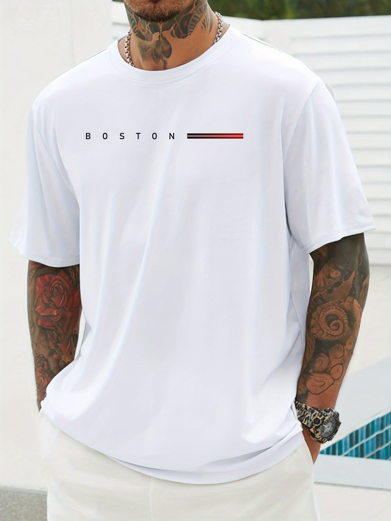 Men's Navy Blue Cotton Graphic T-Shirt with Red and White Stripes Casual Crew Neck Plus Size