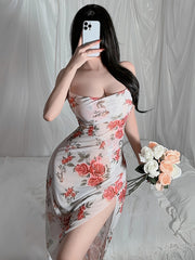 Women's Backless Dress with Criss-Cross Straps and Diagonal Slit