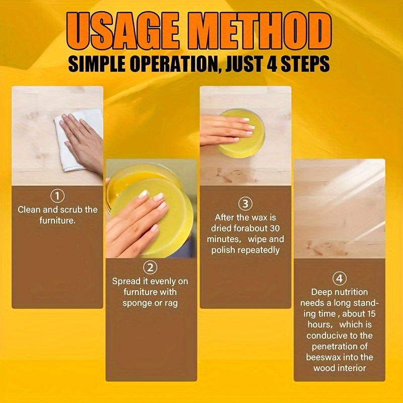"Yog'ochingizni bizning premium asal mumimiz bilan yaxshilang - mebel va pol uchun 100% tabiiy polirovka, suv o'tkazmaydigan va yorqinlashtiruvchi formula, oddiy qo'llash, barcha yog'och yuzalar uchun mos"
