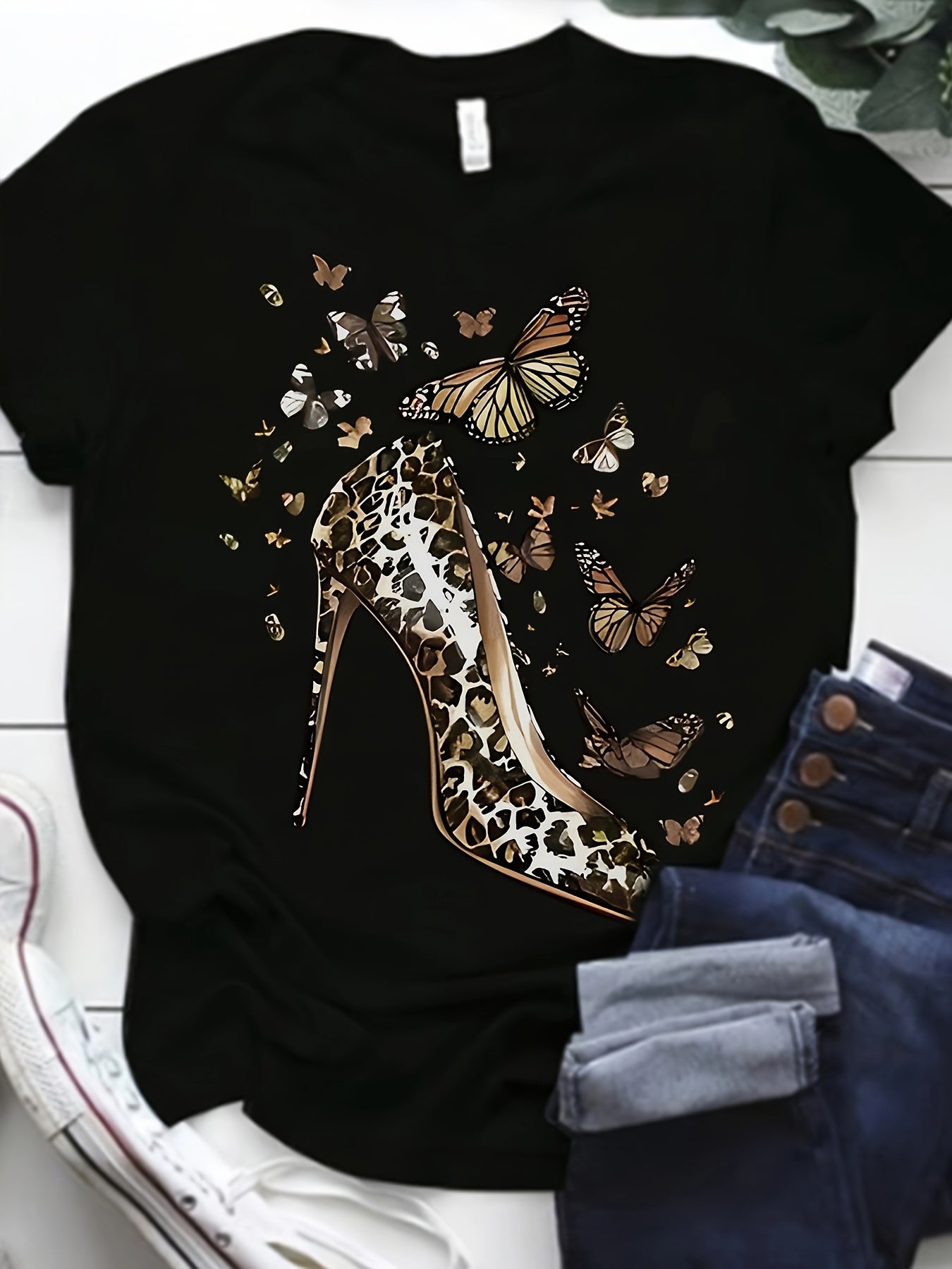 Plus Size Women's Short Sleeve T-Shirt Geometric High Heel Butterfly Print Crew Neck Asymmetrical Polyester Knit