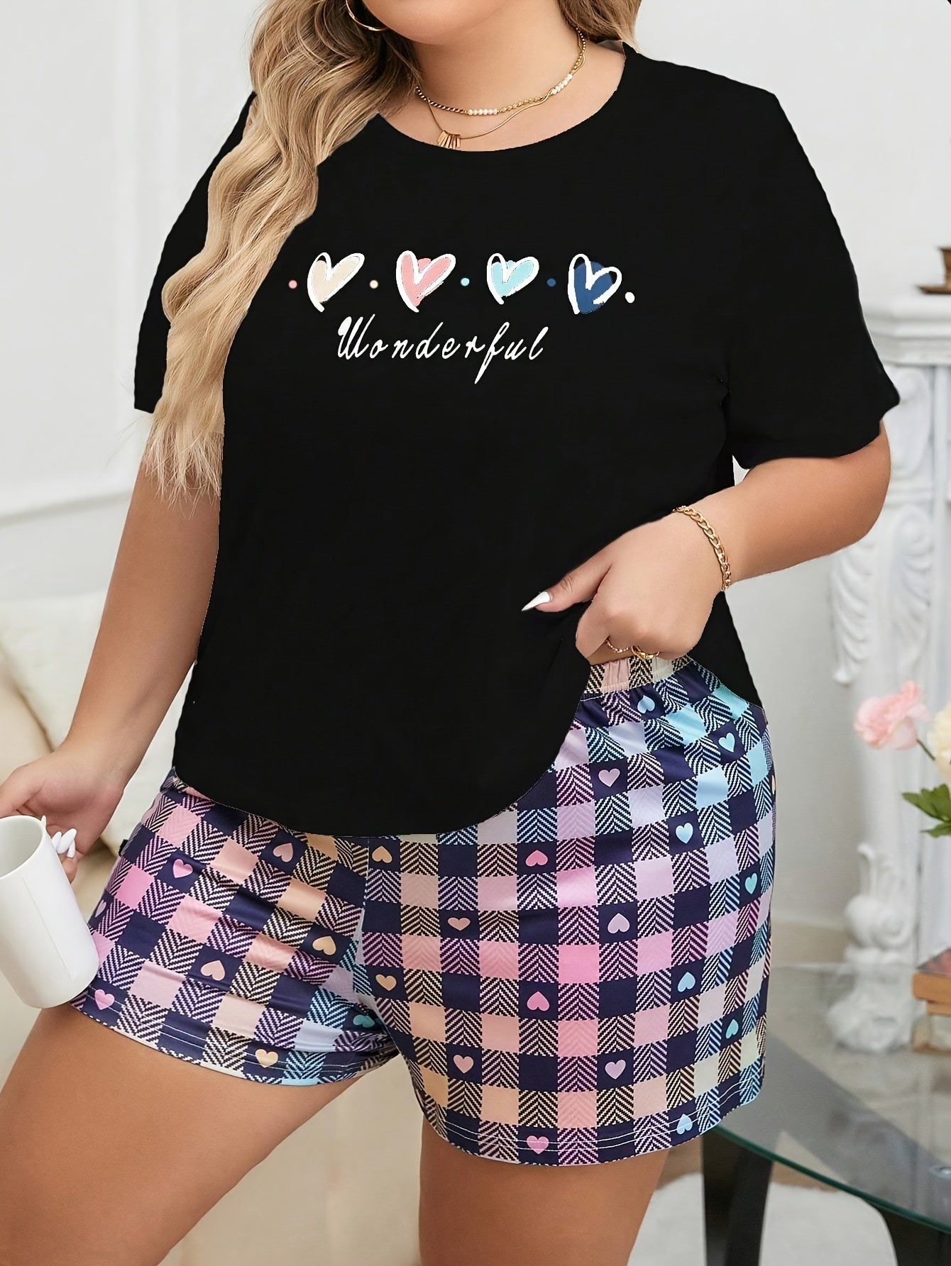 Plus Size Women’s Polyester Pajama Set with Heart Print and Plaid Shorts