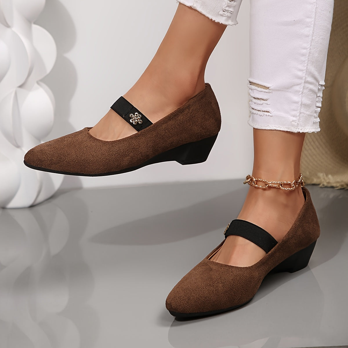 Women's Black Wedge Heels with Floral Buckle Platform Shoes