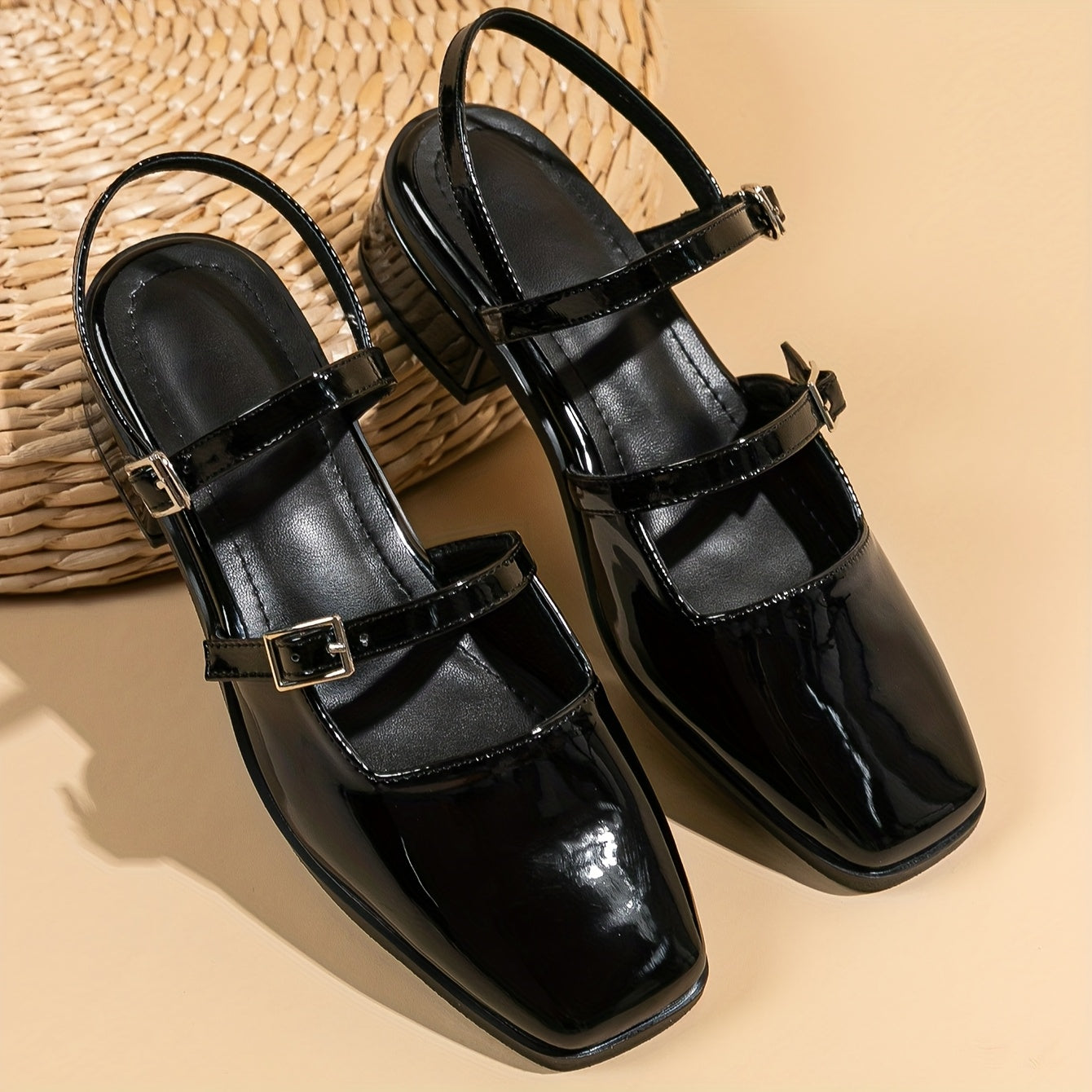 Women's Faux Leather Black Mary Jane Pumps with Chunky Heel and Ankle Strap