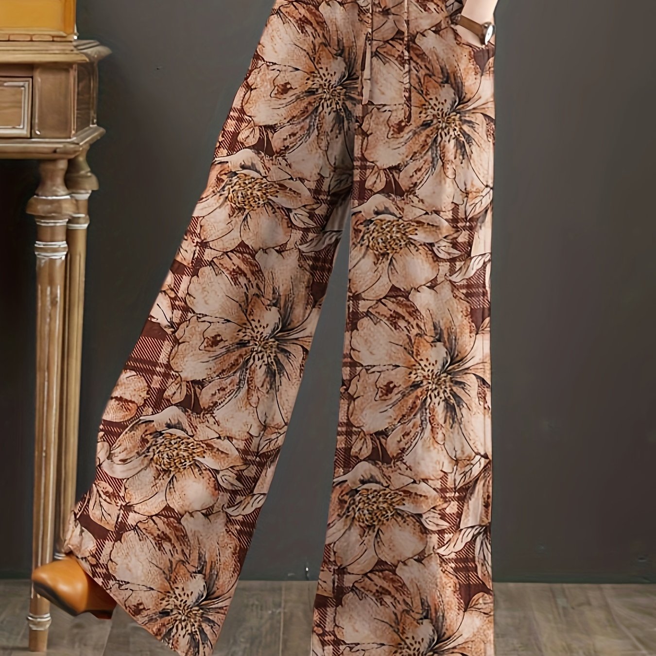 Pantalones anchos de algodón con estampado floral para mujer, cintura elástica, cordón ajustable, largos, para todas las estaciones, casual