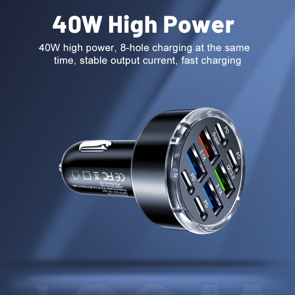 8-in-1 Fast Car Charger with USB Connectors for Phone and Tablet