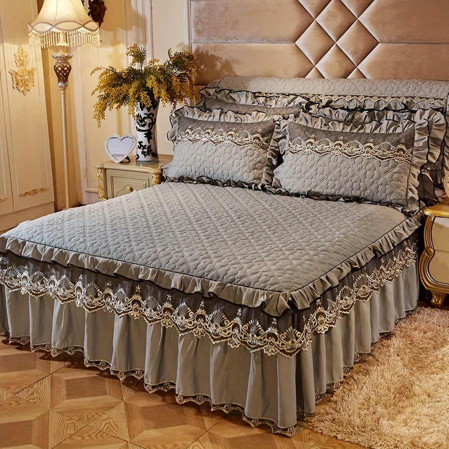 3-Piece Solid Color Quilted Love Quilt Set with Lace Bed Skirt and Pillowcases