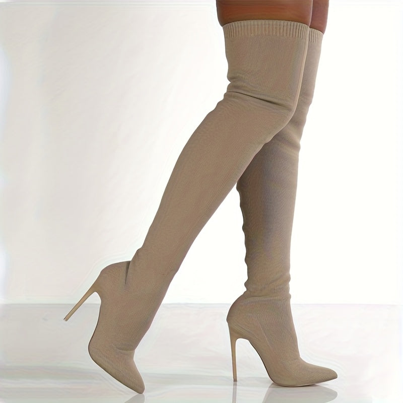 Women's Over-the-Knee Boots Slip-On Stiletto Heels Round Toe Elastic Fabric