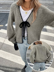 Women's Plus Size Two-Tone Long Sleeve V-Neck Cardigan with Ribbon Tie