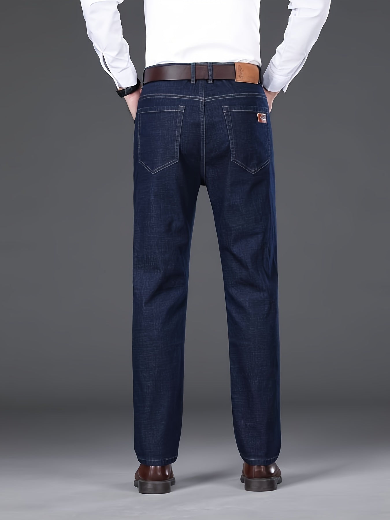 Мужские тёмно-синие джинсы прямого кроя с нашивками из хлопкового смесового прочного денима