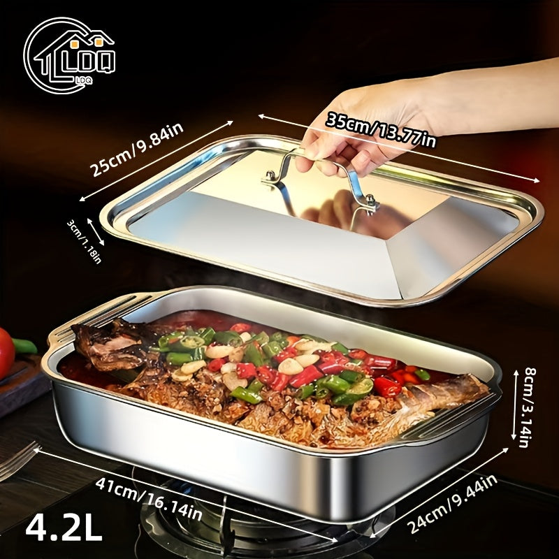Large Heavy-Duty Stainless Steel Baking Pan with Lid for Desserts Bread Seafood Oven Safe