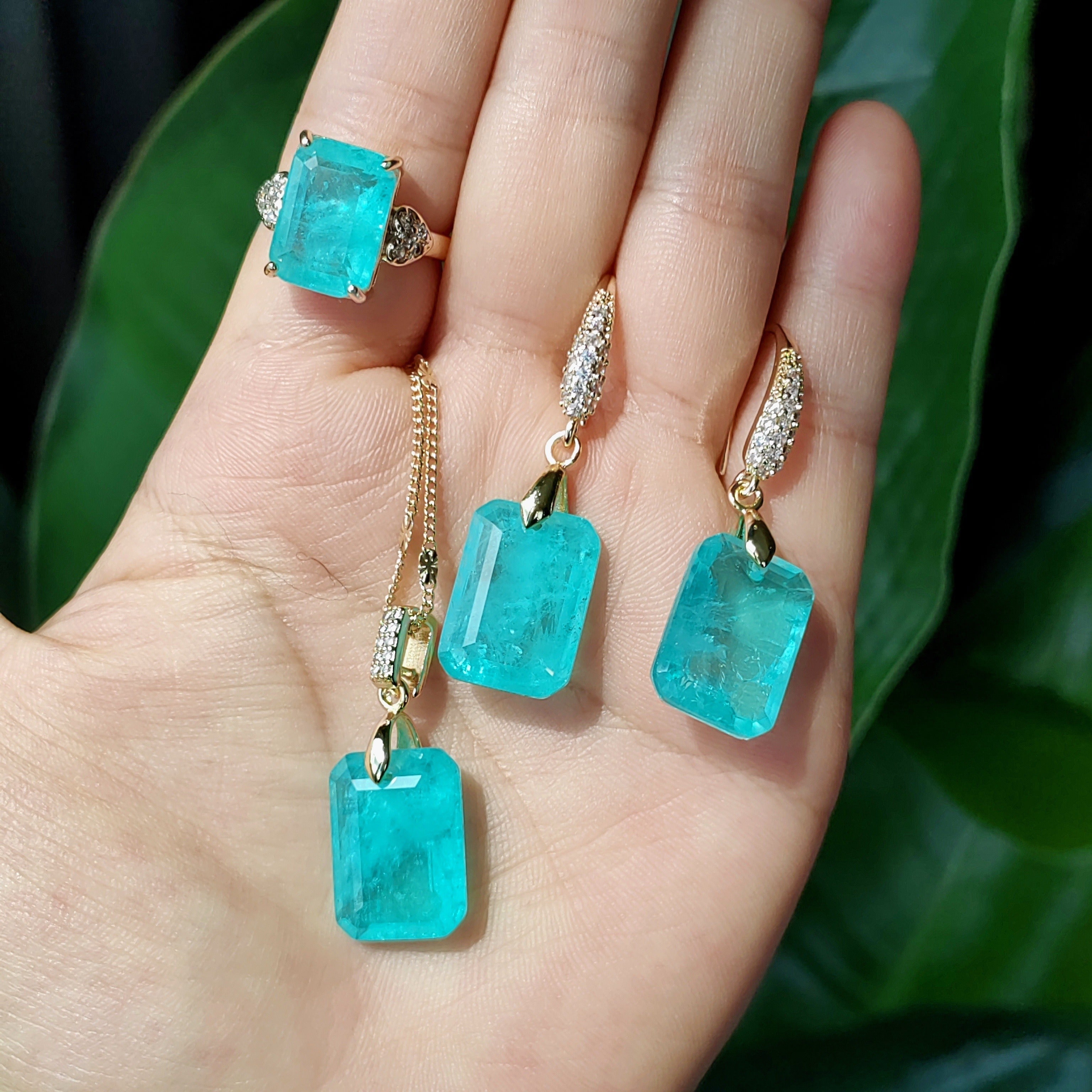 Women Jewelry Set Paraiba Blue Necklace Earrings Ring Elegant Textured Accessories