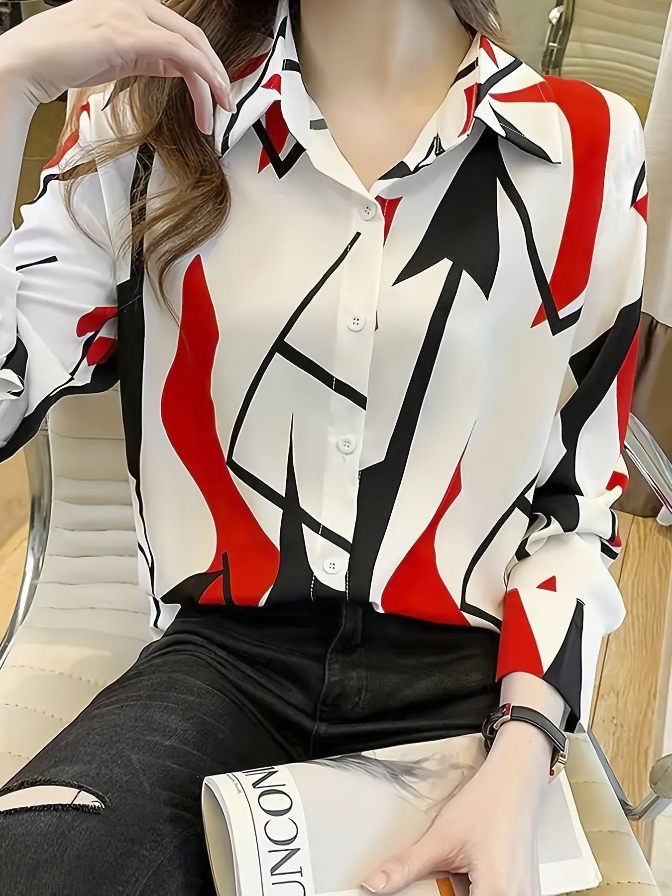 Color Block Button Front Shirt for Women Long Sleeve Lapel Collar Casual Spring Fall