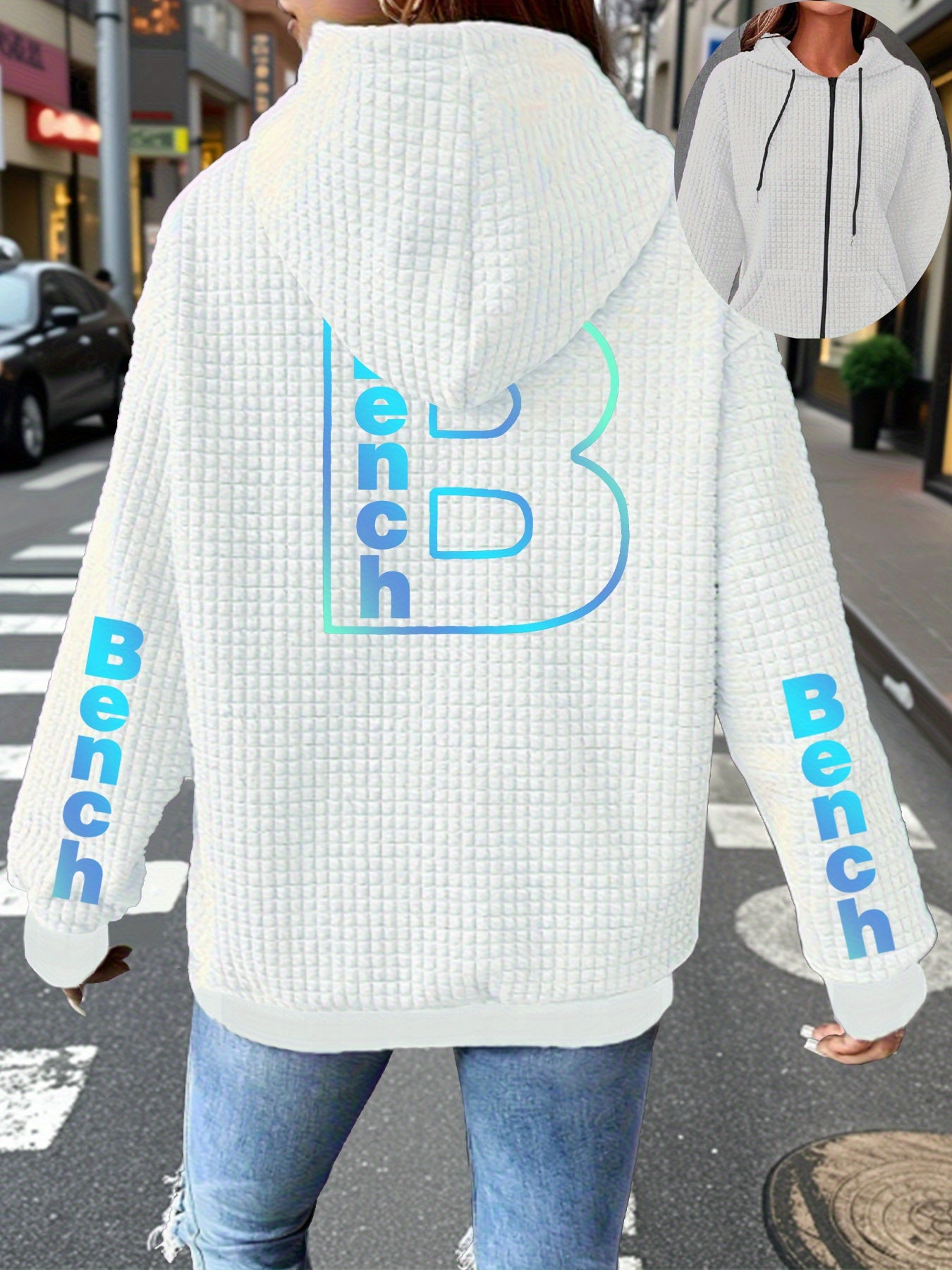 Plus Size Womens Lightweight Hooded Casual Jacket White Blue Letters