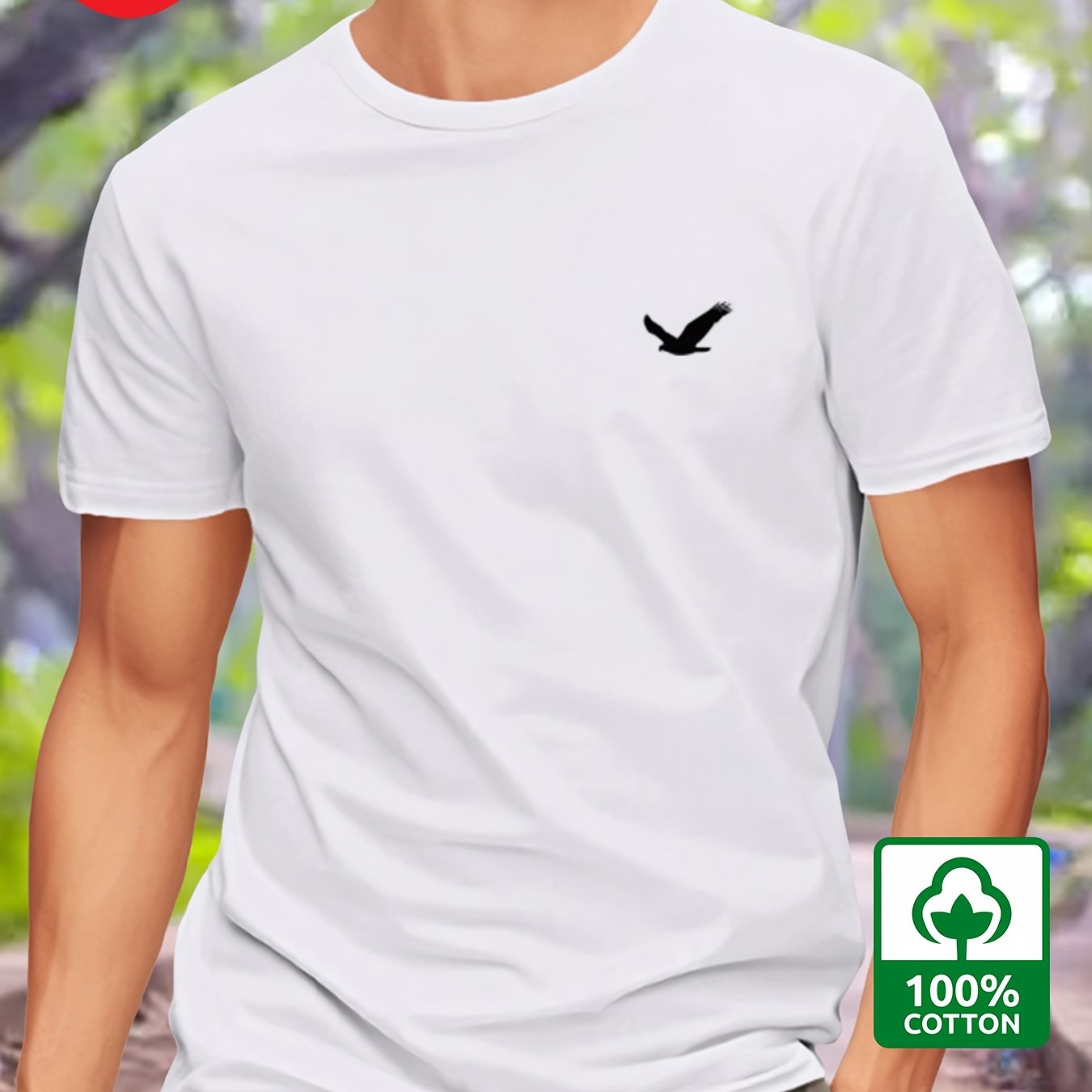 Men's Cotton T-Shirt with Bird Print Regular Fit Round Neck Short Sleeve